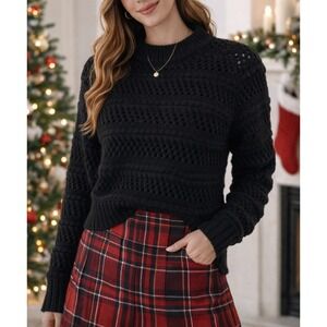 Aritzia Wilfred Black 100% Merino Wool Textured Knit Mock Neck Crop Sweater XS